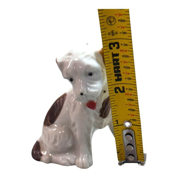 Vintage 1950s Japanese Ceramic Puppy Dog Figurine Brown Spots & Red Collar White - Picture 5 of 10